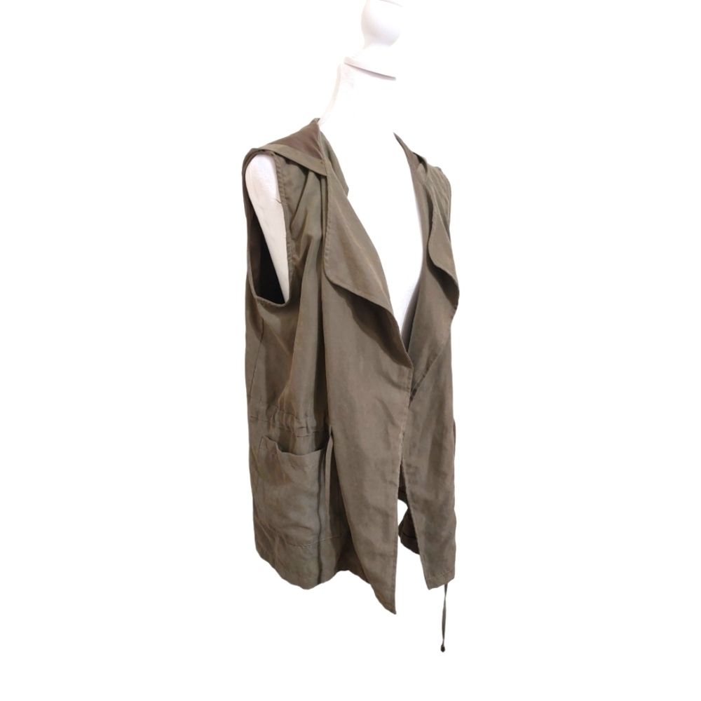 Poetry army green lagenlook Utility vest sleeveless hooded drawstring waist M